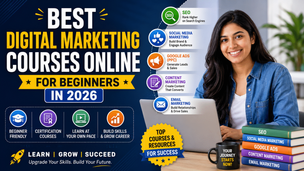 Best digital marketing courses online for beginners in 2026 with SEO, social media marketing, Google Ads, content marketing, and email marketing concepts.