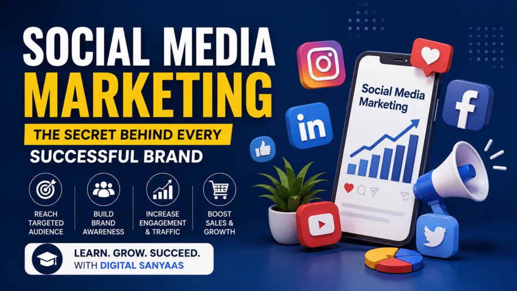 Social media marketing banner featuring Instagram, Facebook, LinkedIn, YouTube, and online branding strategies by Digital Sanyaas.