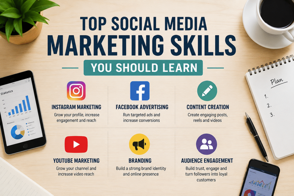 Top social media marketing skills infographic featuring Instagram marketing, Facebook advertising, branding, YouTube marketing, and content creation strategies.