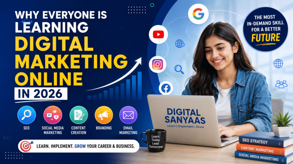 Digital marketing online banner showing SEO, social media marketing, content creation, branding, and online business growth strategies in 2026.