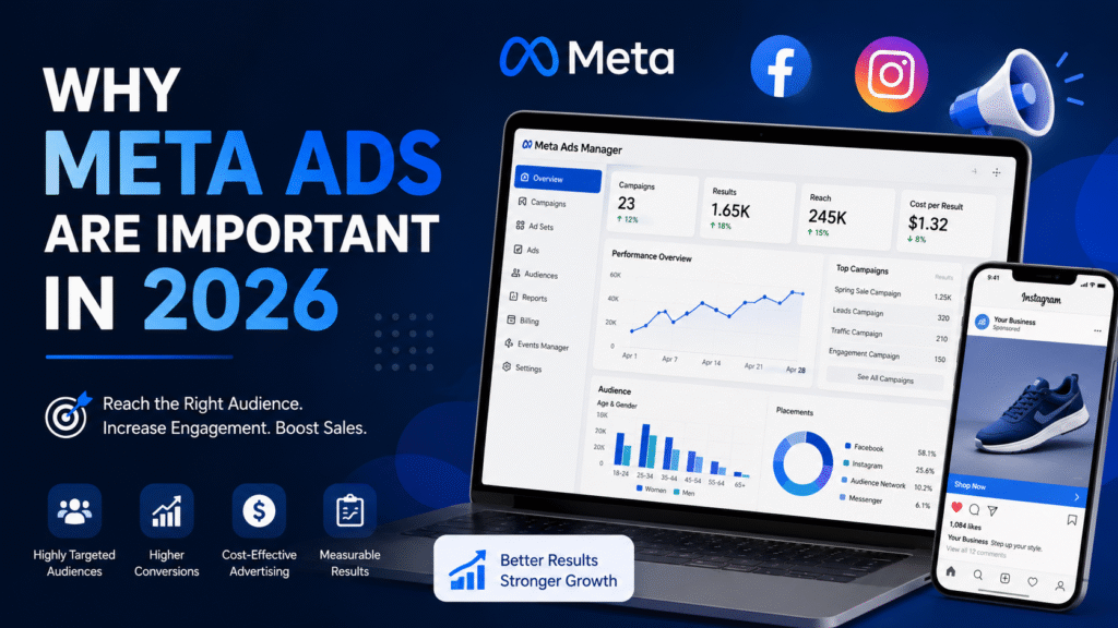 “Why Meta Ads are important in 2026 digital marketing banner showing Facebook Instagram ads and analytics dashboard”