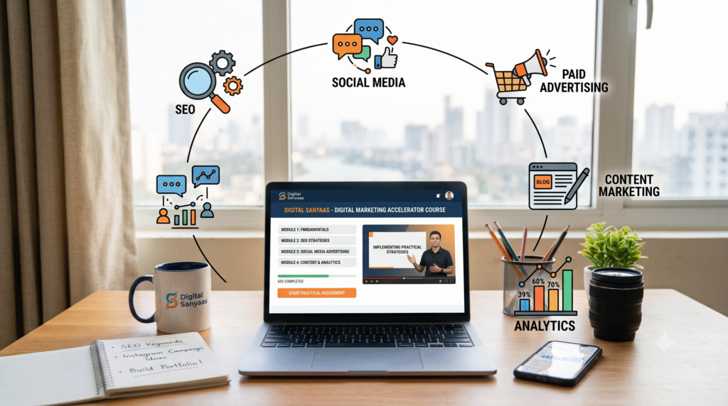 Digital marketing course online with SEO, social media, paid advertising, content marketing and analytics
